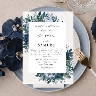 Elegant Navy and dusty Blue floral modern Wedding Invitation