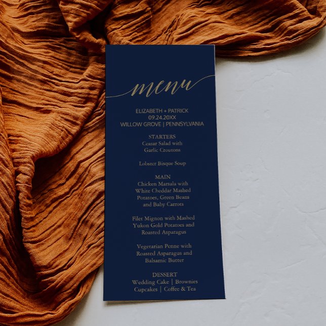 Elegant Navy and Flat Gold Calligraphy Dinner Menu (Creator Uploaded)