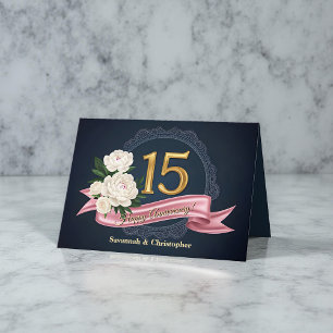 Elegant Navy and Gold 15th Wedding Anniversary  Card