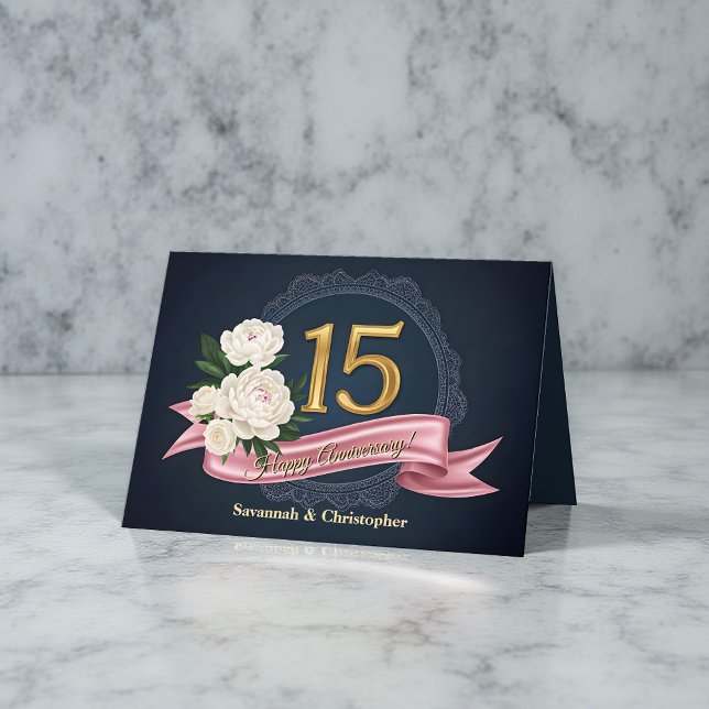 Elegant Navy and Gold 15th Wedding Anniversary  Card (Creator Uploaded)