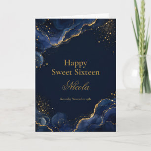 Elegant Navy and Gold Alcohol Ink Sweet Sixteen Card