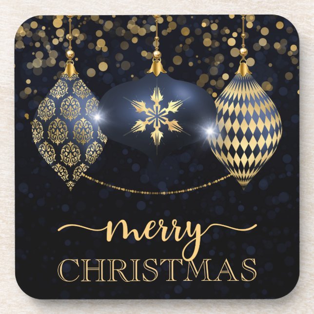 Elegant Navy and Gold Bauble Merry Christmas Coaster (Front)
