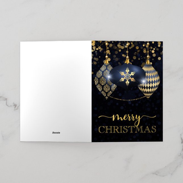 Elegant Navy and Gold Bauble Merry Christmas Foil Holiday Card (Outside Laydown)
