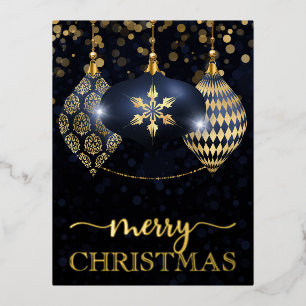 Elegant Navy and Gold Bauble Merry Christmas Foil Holiday Postcard
