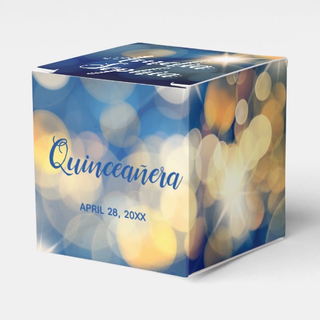 Elegant Navy and Gold Bokeh Quinceañera Favour Box (Front Side)