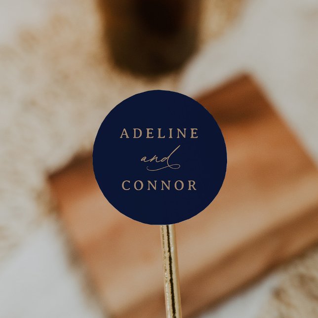 Elegant Navy and Gold Calligraphy Wedding Classic Round Sticker (Creator Uploaded)
