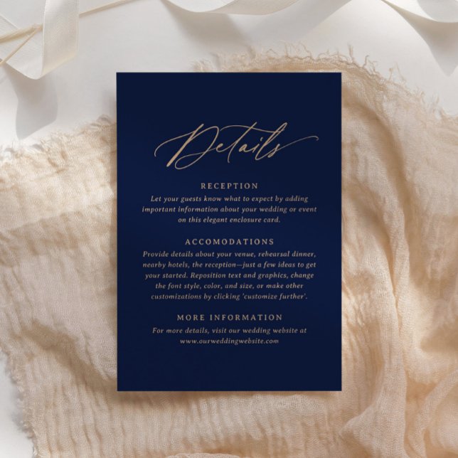 Elegant Navy and Gold Calligraphy Wedding Details RSVP Card (Creator Uploaded)