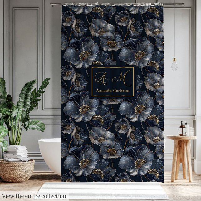 Elegant Navy and Gold Floral Bathroom Decor Shower Curtain (Navy Gold Floral Shower Curtain Elegant Monogram Art)