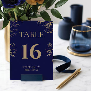 Elegant Navy and Gold Floral Birthday Table Number