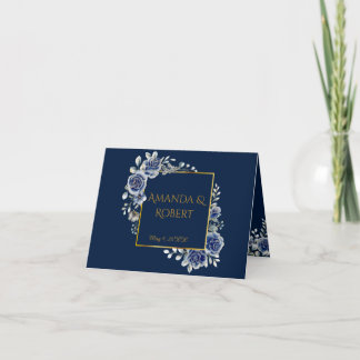 Elegant Navy and Gold Floral Wedding Folded  Thank You Card