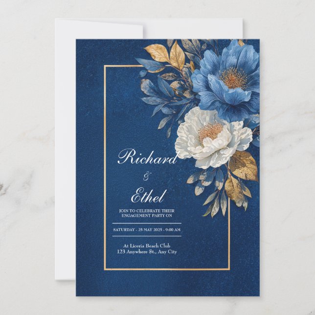Elegant Navy and Gold Floral Wedding Invitation (Front)