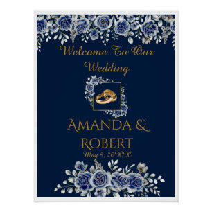 Elegant Navy and Gold Floral Wedding Welcome Sign