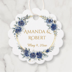 Elegant Navy and Gold Floral Wreath Wedding Favor Favour Tags