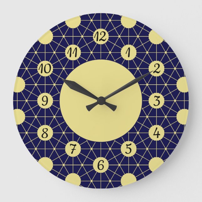 Elegant Navy and Gold Geometric Tile Pattern Large Clock (Front)