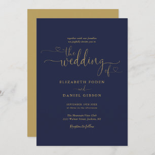 Elegant Navy And Gold Hearts Calligraphy Wedding Invitation