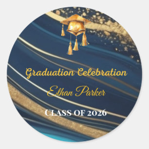 Elegant Navy and Gold Photo Graduation  Classic Round Sticker
