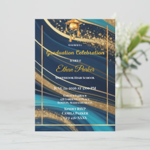 Elegant Navy and Gold Photo Graduation Invitation 