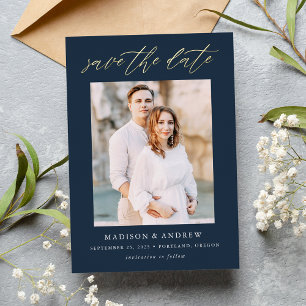 Elegant Navy and Gold Script Photo Save the Date