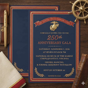Elegant Navy and Gold USMC 250th Anniversary Gala  Invitation