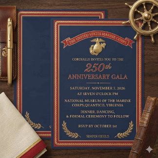 Elegant Navy and Gold USMC 250th Anniversary Gala Invitation