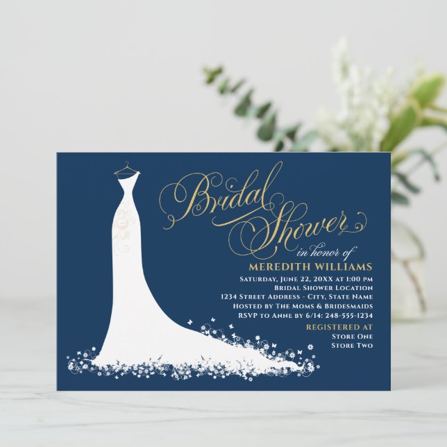 Elegant Navy and Gold Wedding Gown Bridal Shower Invitation (Standing Front)