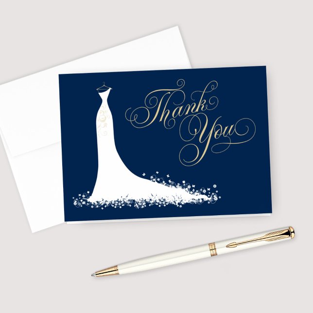 Elegant Navy and Gold Wedding Gown Bridal Shower Thank You Card (Creator Uploaded)