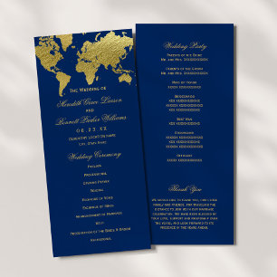 Elegant Navy and Gold World Map Wedding Ceremony Programme