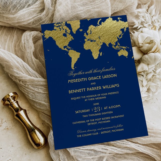 Elegant Navy and Gold World Map Wedding Invitation (Creator Uploaded)