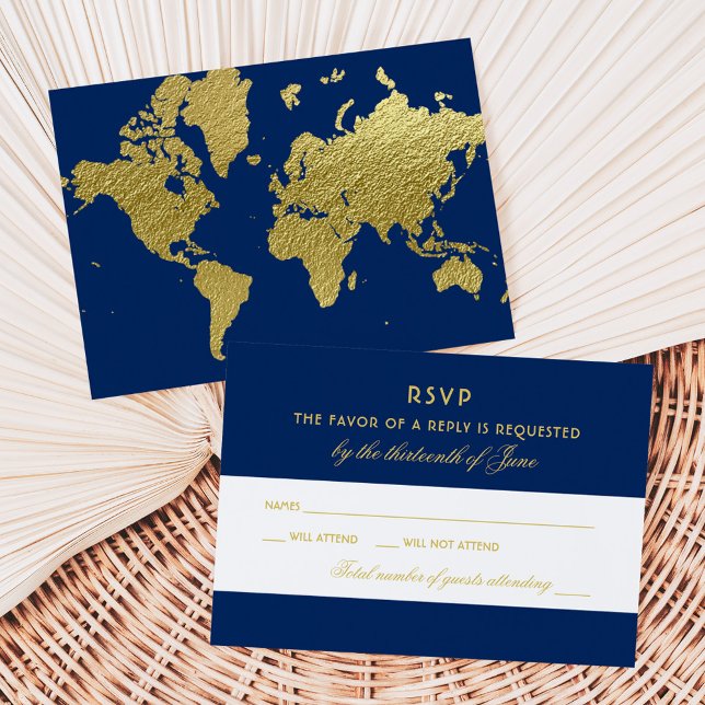 Elegant Navy and Gold World Map Wedding RSVP Card (Creator Uploaded)