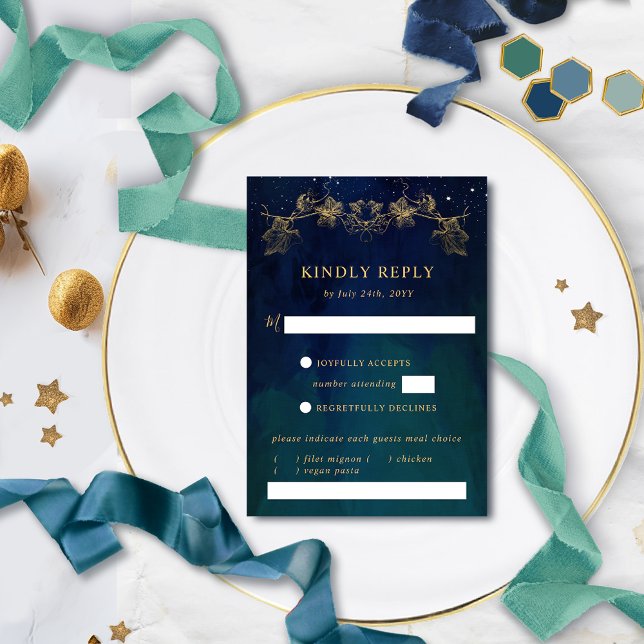 Elegant  Navy and Green Celestial RSVP with Meals Card (Creator Uploaded)