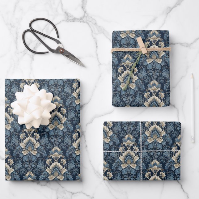 Elegant navy and ivory damask jacquard pattern wrapping paper sheet (Front)
