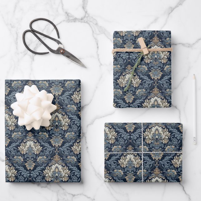Elegant navy and ivory damask jacquard pattern wrapping paper sheet (Front)
