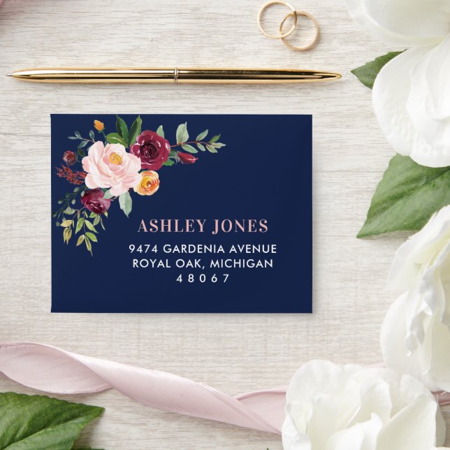 Elegant Navy and Pink Floral Watercolor Wedding Envelope (Wedding)