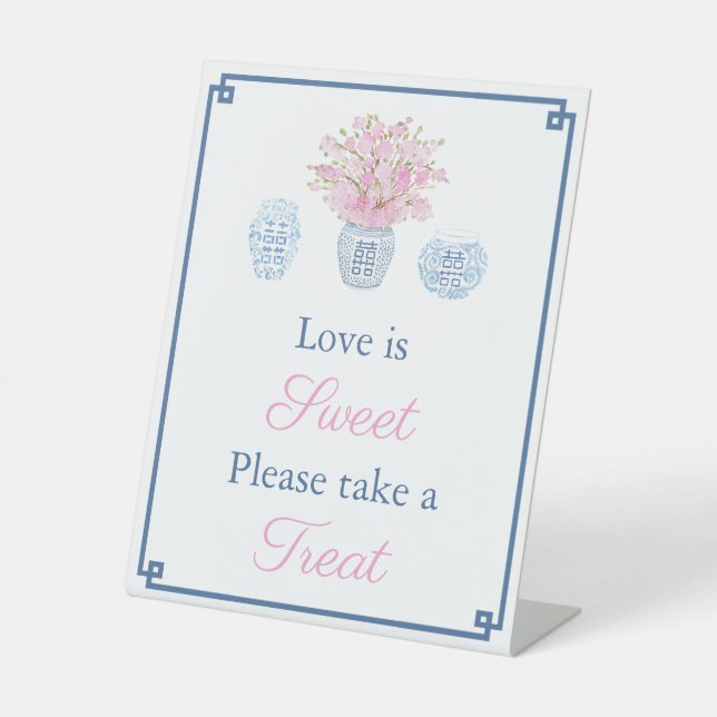 Elegant Navy And Pink Love Is Sweet Favour Table Pedestal Sign (Front)
