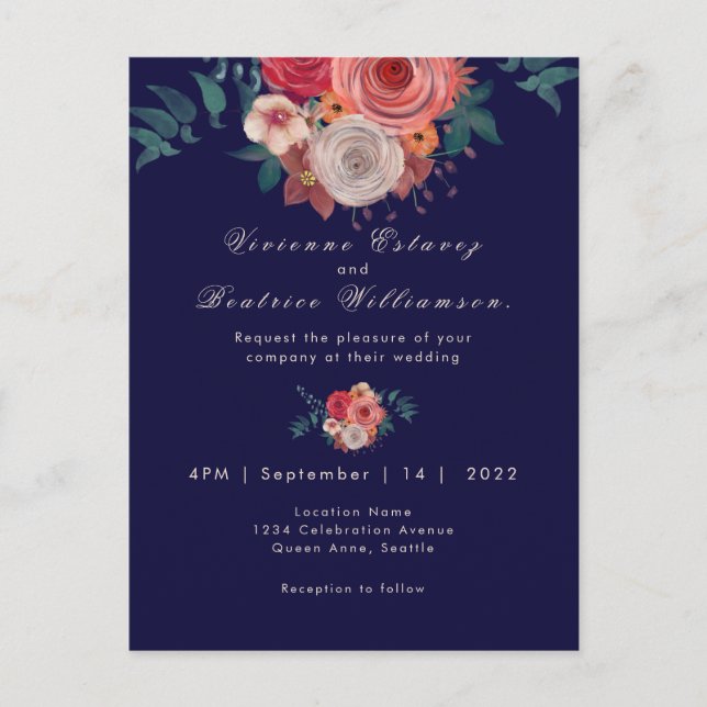 Elegant navy and red rose watercolor wedding postcard (Front)