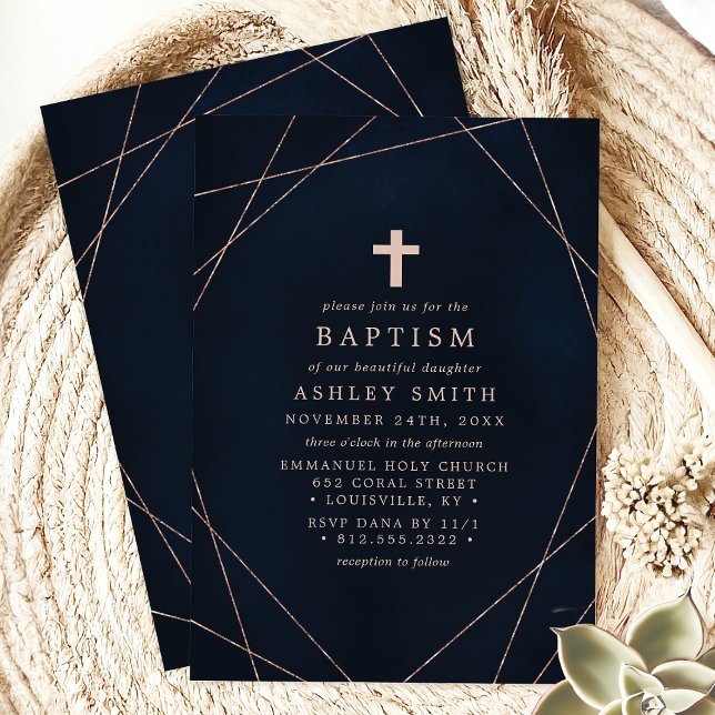 Elegant Navy and Rose Gold Cross Geometric Baptism Invitation (Creator Uploaded)