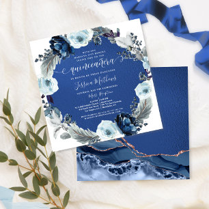 Elegant Navy and Royal Blue Quinceañera, Floral  Invitation
