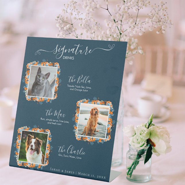Elegant Navy And Rust 3 Photo Pet Signature Drink Pedestal Sign (Creator Uploaded)