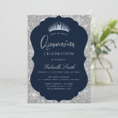Elegant navy and silver Quinceanera invitation (Standing Front)