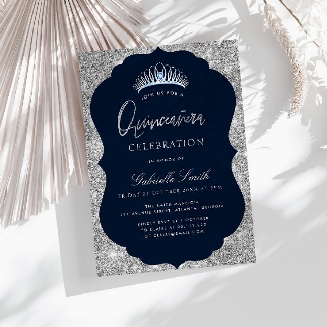 Elegant navy and silver Quinceanera invitation