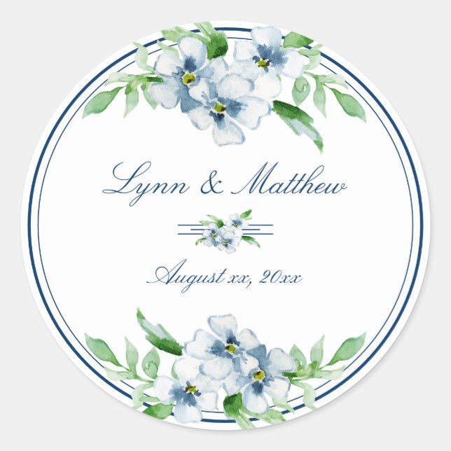 Elegant Navy and White Floral, Wedding Classic Round Sticker (Front)