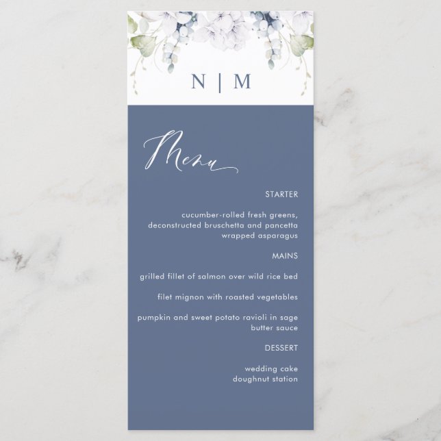 Elegant Navy and White Floral Wedding Menu (Front)