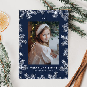 Elegant Navy and White Pine Frame Photo Holiday Card