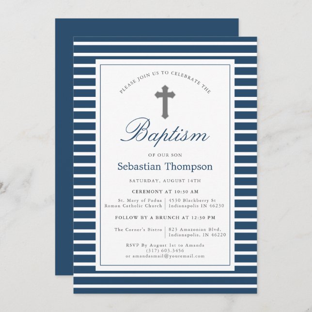 Elegant Navy and White Stripes Baptism Invitation (Front/Back)