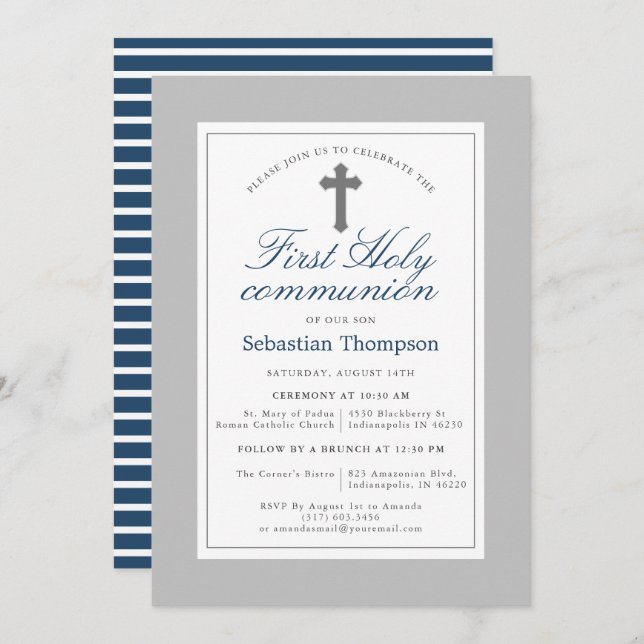 Elegant Navy and White Stripes First Communion Invitation (Front/Back)