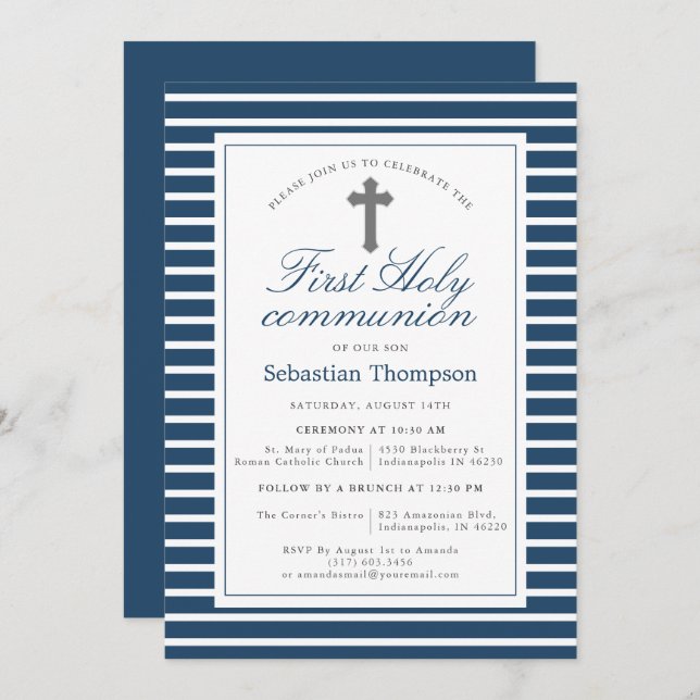 Elegant Navy and White Stripes First Communion Invitation (Front/Back)
