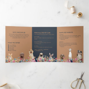 Elegant Navy Beige Floral Pet Care Tri-Fold Card