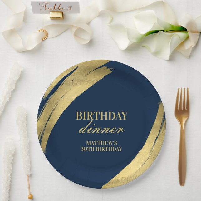 Elegant Navy Birthday Dinner Gold Foil Paper Plate (Wedding)