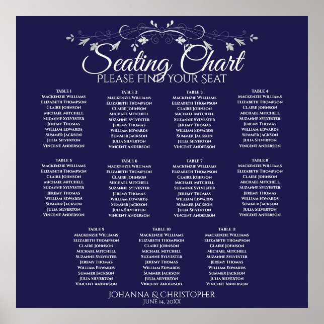 Elegant Navy Blue 11 Table Wedding Seating Chart (Front)