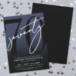 Elegant Navy Blue 70th Birthday Party Invitation<br><div class="desc">Celebrate seventy years in style with this modern navy blue to black gradient 70th birthday party invitation. The design features a large black "70" across most of the card, with a handwritten script-style white "Seventy" layered over it for a bold, contemporary look. The navy background adds depth and contrast while...</div>